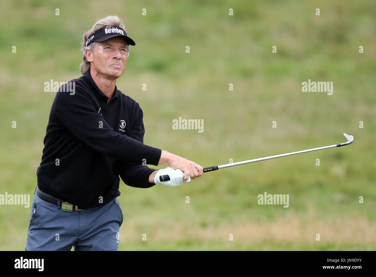 Germany's Bernhard Langer on the 2nd fairway during day three of the Senior Open at Royal Porthcawl Golf Club. PRESS ASSOCIATION Photo. Picture date: Saturday July 29, 2017. Photo credit should read: Nick Potts/PA Wire. Stock Photo