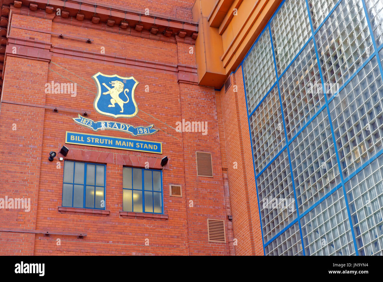 Glasgow Rangers, Ibrox Stadium,bill struth main stand   club logo  Edmiston Drive, Glasgow Stock Photo