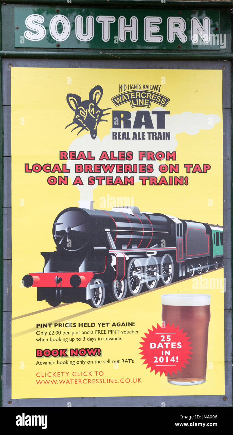 rat real ale train, Alresford railway station in Hampshire, England, is the terminus of the Watercress Line from Alton. Stock Photo
