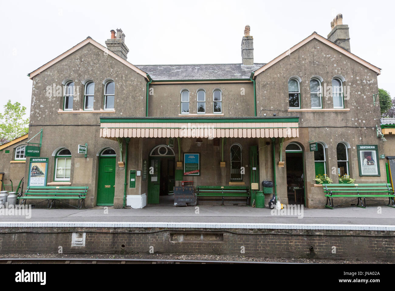 Alresford railway station in Hampshire, England, is the terminus of the Watercress Line from Alton. Stock Photo