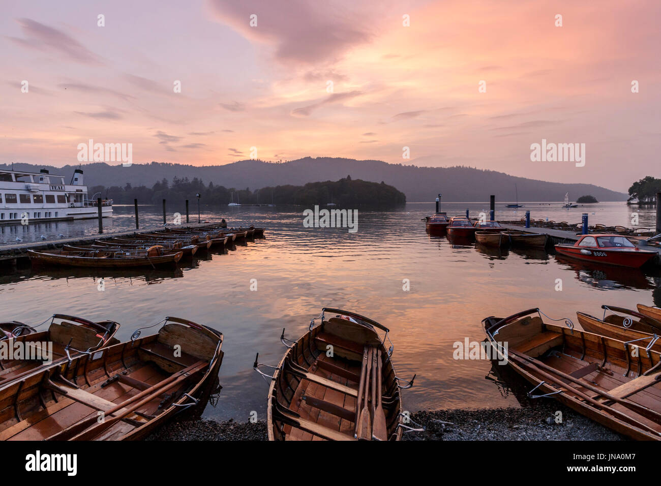 sunset at bowness on windermere, lake district national park, cumbria, england, uk gb Stock Photo