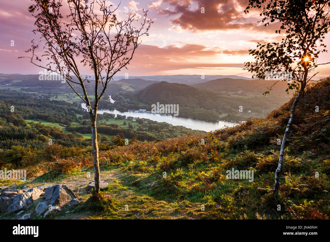 sunset from gummers how overlooking lake windermere,lake district ...