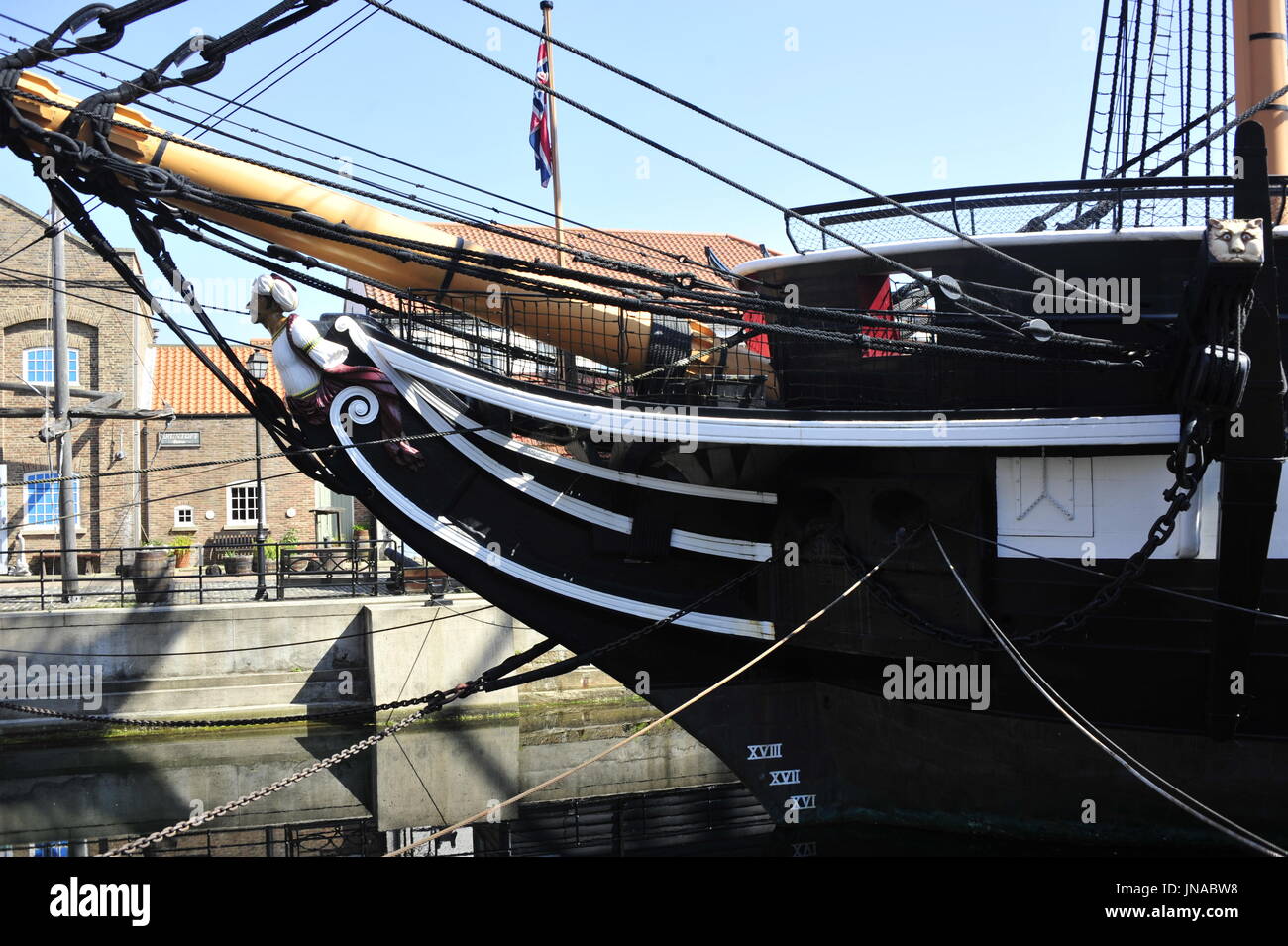 AJAXNETPHOTO. - 19TH JULY, 2016. HARTLEPOOL, ENGLAND. - HISTORICAL SHIP MUSEUM - THE RESTORED 19TH CENTURY FRIGATE HMS TRINCOMALEE (EX T.S.FOUDROYANT, EX TRINCOMALEE.). BOW AND FIGUREHEAD DETAIL. PHOTO:TONY HOLLAND/AJAX REF:DTH161907 32263 Stock Photo