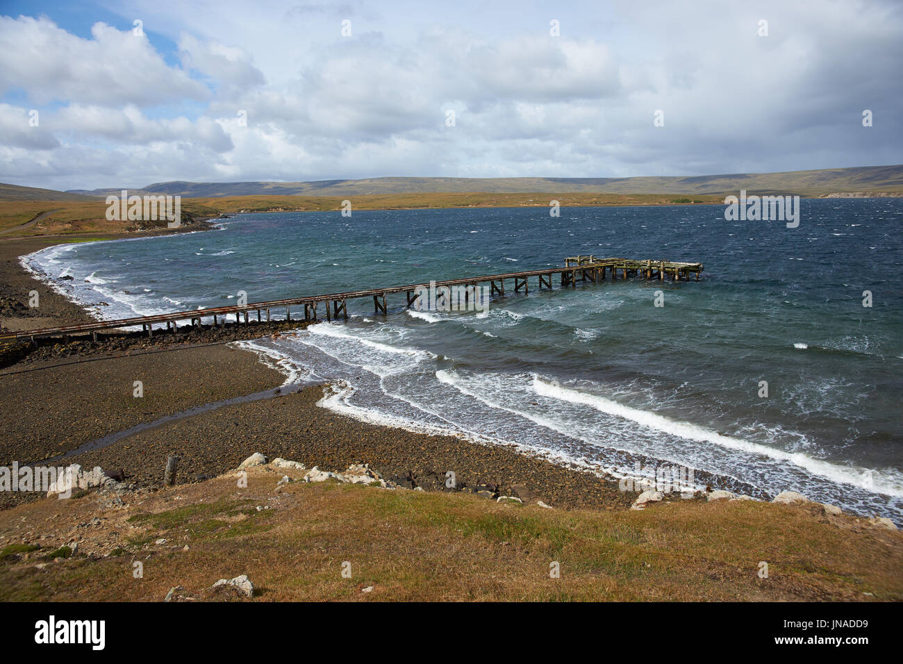 Jetty at Port San Carlos on the Falkland Islands Stock Photo