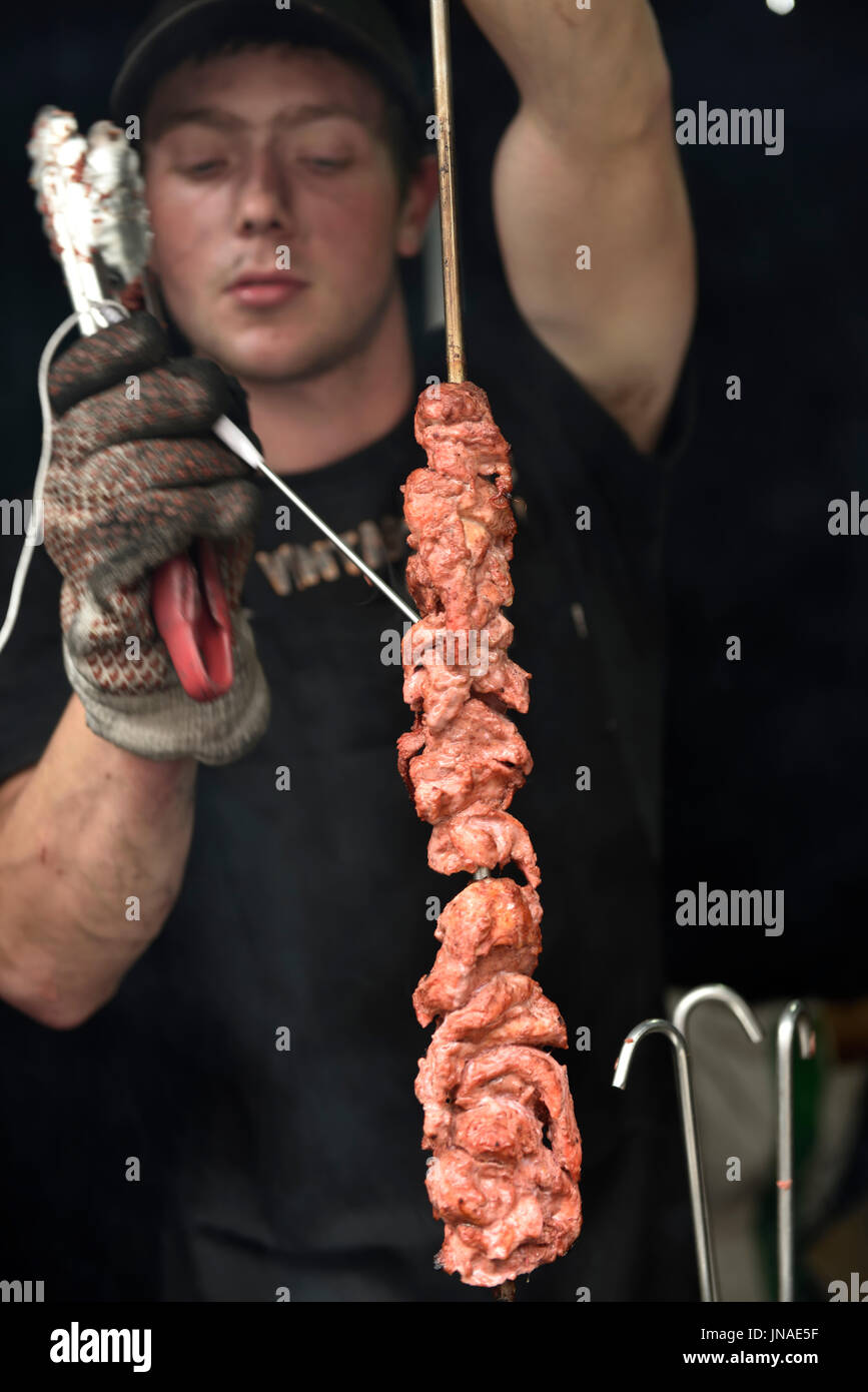 Taking temperature reading with electronic thermometer of kebab on skewer to check safe cooking Stock Photo