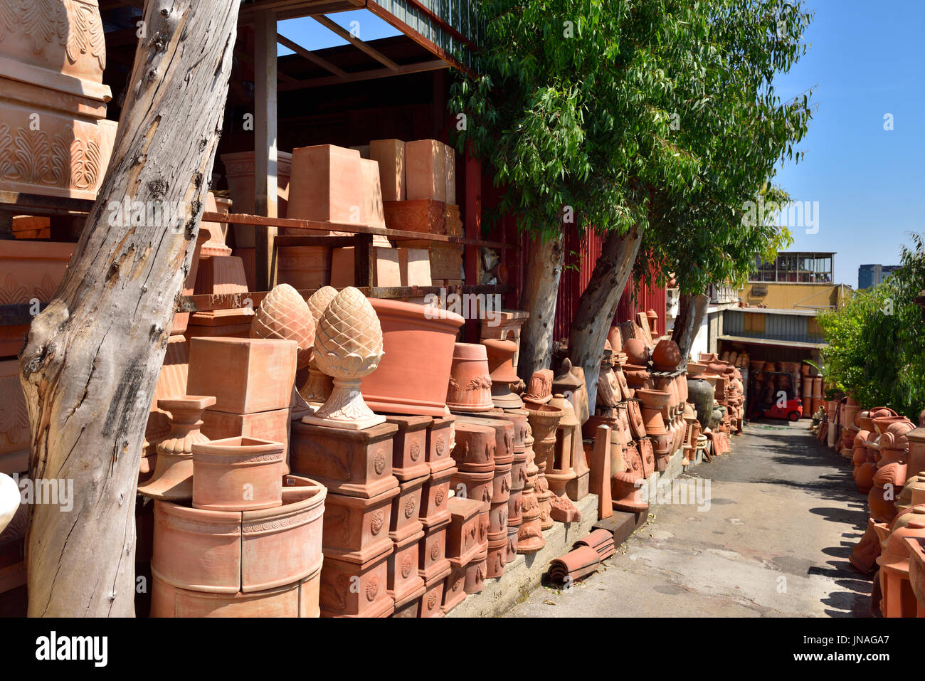 Vary large selection of terracotta pots Naples being sold by store, 'Faraone Terracotta', Italy Stock Photo