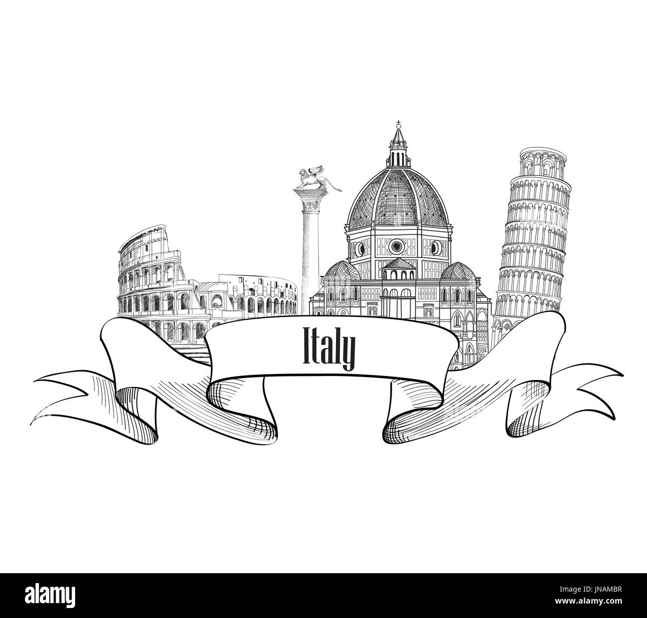 Italy architectural sign. Travel Italy label. Italian famous cities skyline. Stock Photo
