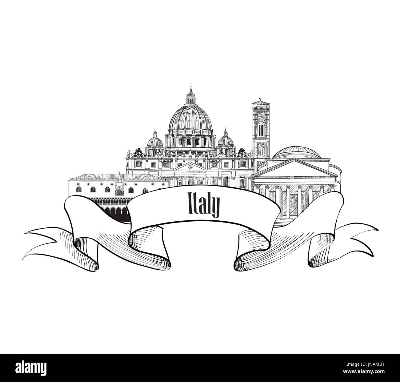 Italy architectural sign. Travel Italy label. Italian famous cities skyline. Stock Photo