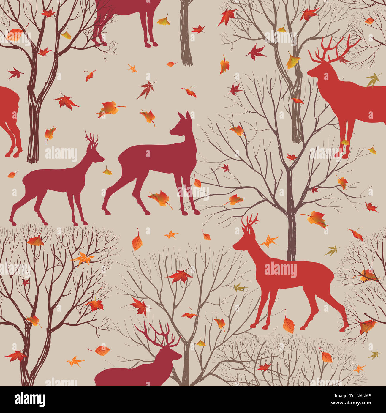 Animals in autumn forest pattern. Fall leaves and trees seamless ...