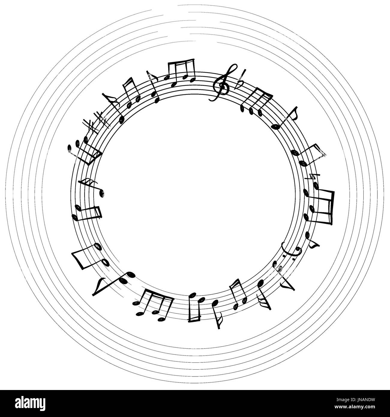 Music notes border. Musical background. Music style round shape frame with copy space for text. Treble clef and notes wallpaper. Stock Photo