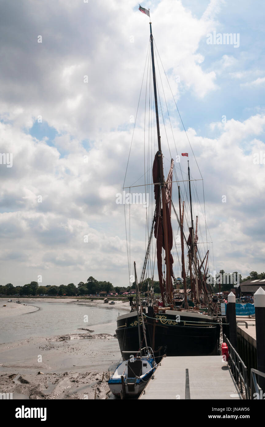19 July 2017. The bow and rigging of the Thames Barge, Hydrogen, moored at The Hythe, Maldon in Essex, England Stock Photo