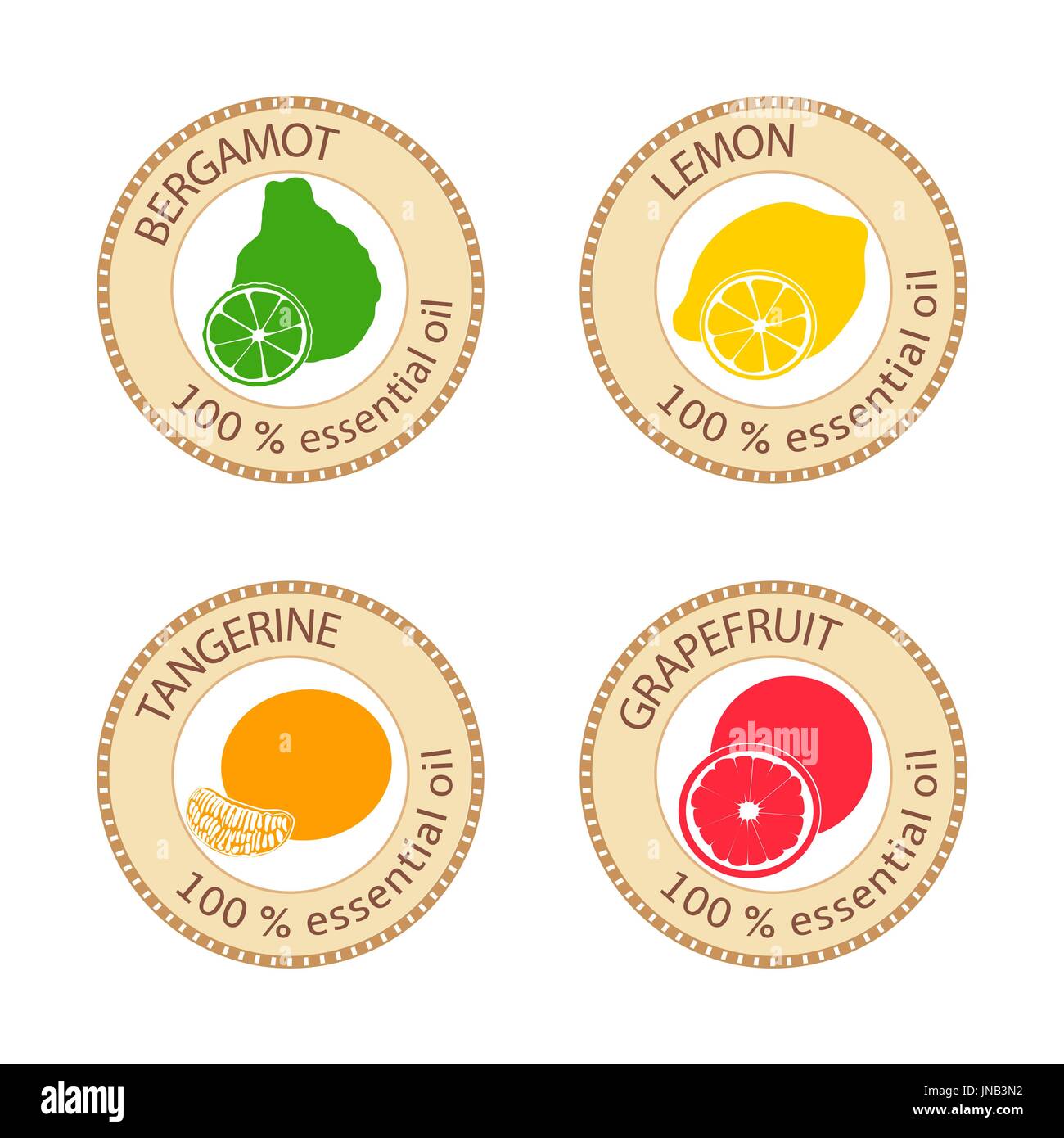 Set of flat essential oil labels. 100 percent. Bergamot, lemon, grapefruit, mandarin Stock Vector