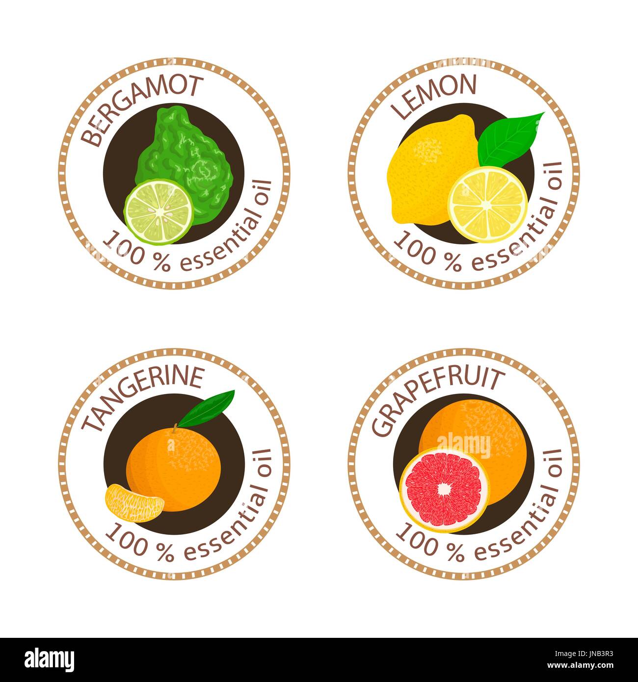 Set of essential oils labels. Bergamot, lemon, grapefruit, mandarin Stock Vector