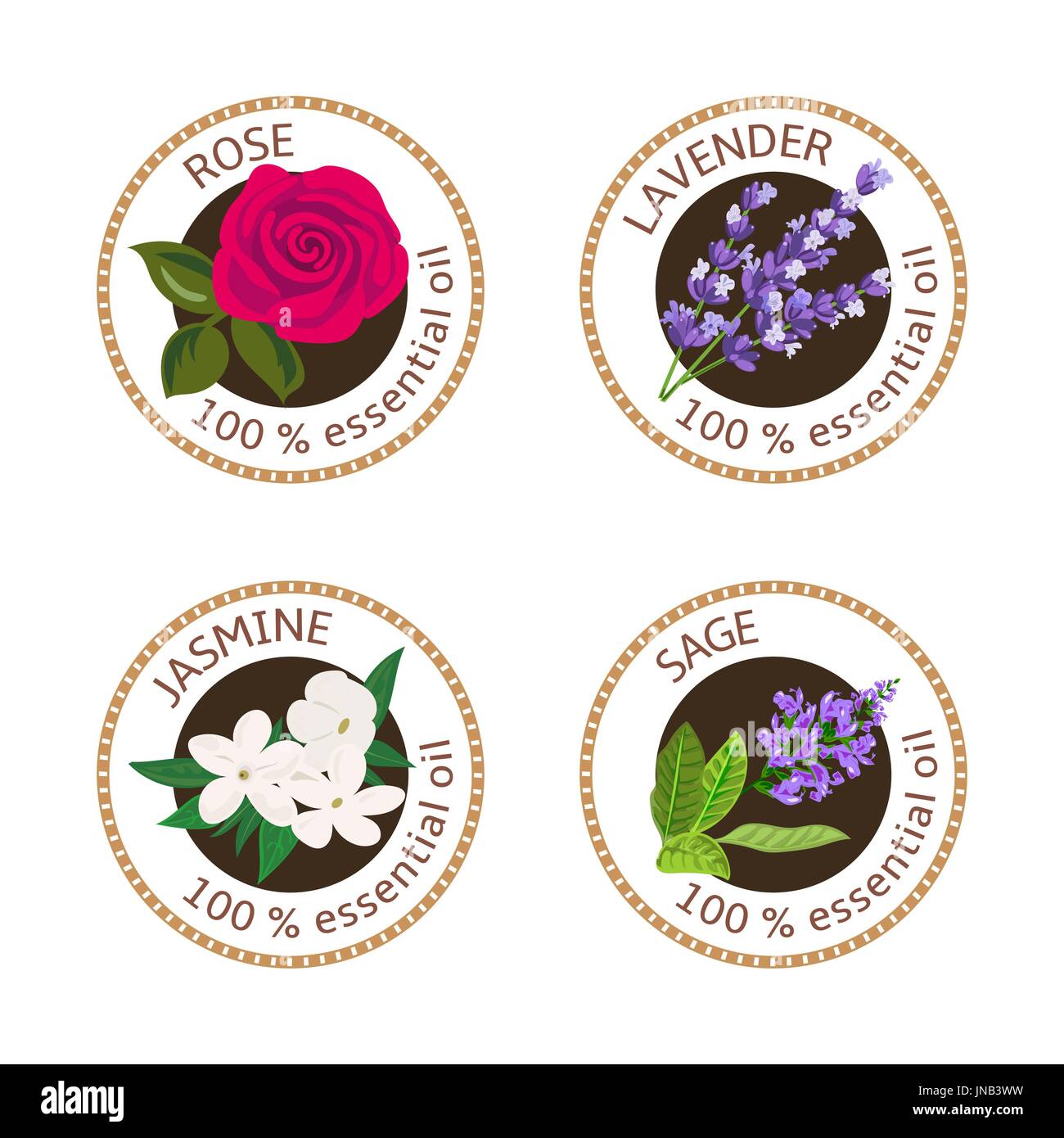 Set of essential oils labels. Rose, Sage, Lavender, jasmine Stock Vector