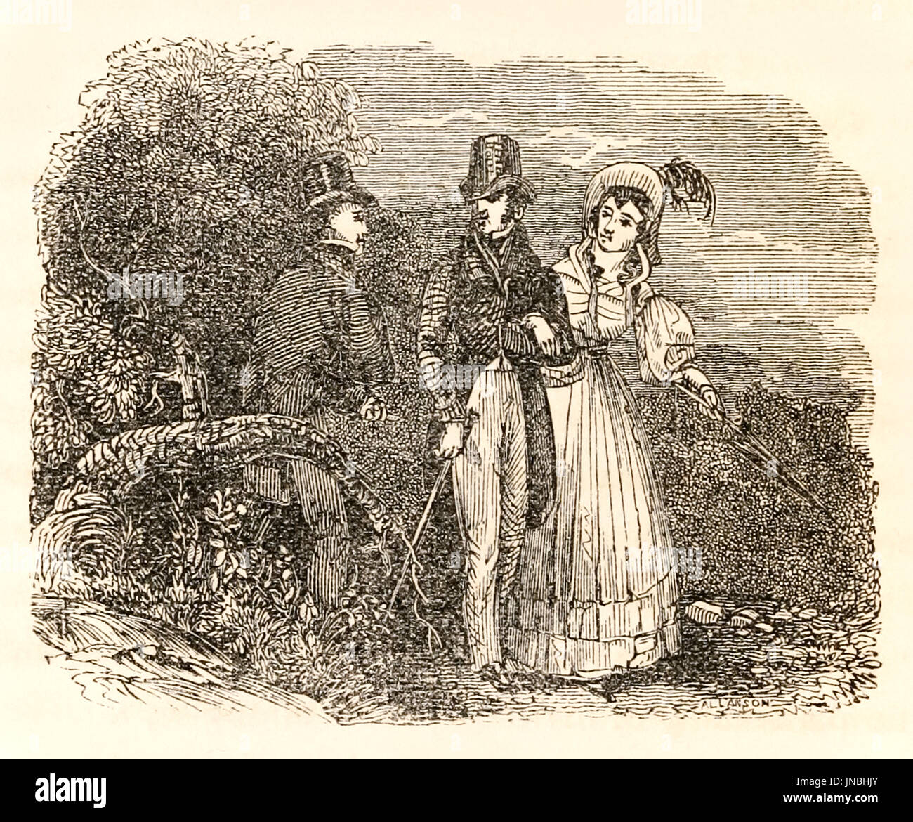 Buckingham walks with Julia, illustration from ‘Uncle Tom’s Cabin Contrasted with Buckingham Hall’ by Robert Criswell in which Julia Tennyson, an abolitionist and writer from the North who has published pamphlets against the cruelty of slavery; falls in love with Colonel Buckingham a southern plantation owner and both enter into philosophical discussions regarding American slavery. Stock Photo