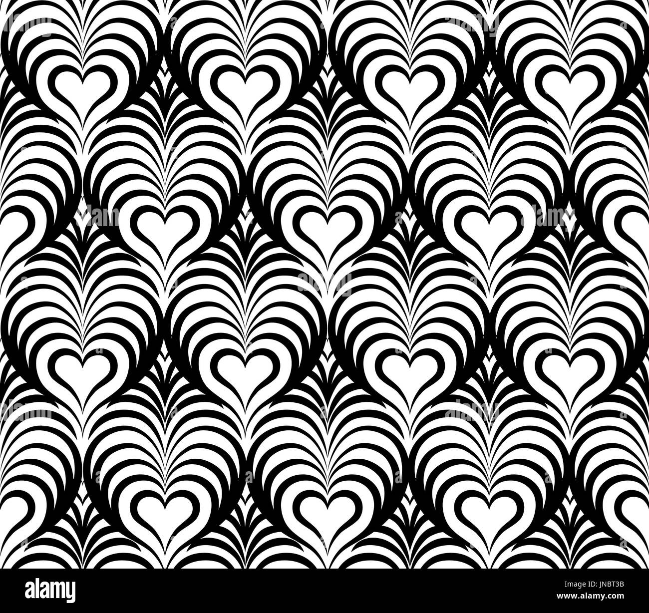 Abstract floral seamless pattern with black and white line heart shape ...