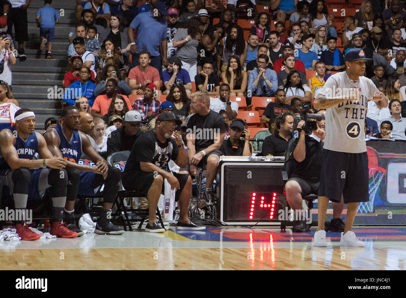 Head coach Allen Iverson 3's Company roots his team while teammates watch from sidelines during Game #3 against 3 Headed Monsters Big3 Week 5 3-on-3 tournament UIC Pavilion July 23,2017 Chicago,Illinois. Stock Photo