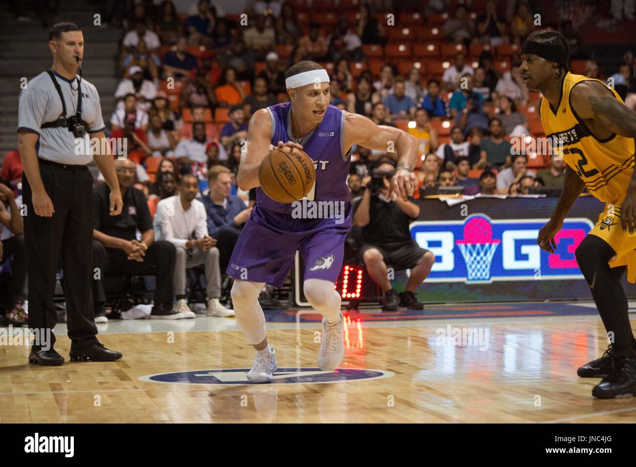Mike Bibby #10 Ghost Ballers attempts to dribble past Eddie Robinson #32 Killer 3s Big3 Week 5 UIC Pavilion July 23,2017 Chicago,Illinois. Stock Photo