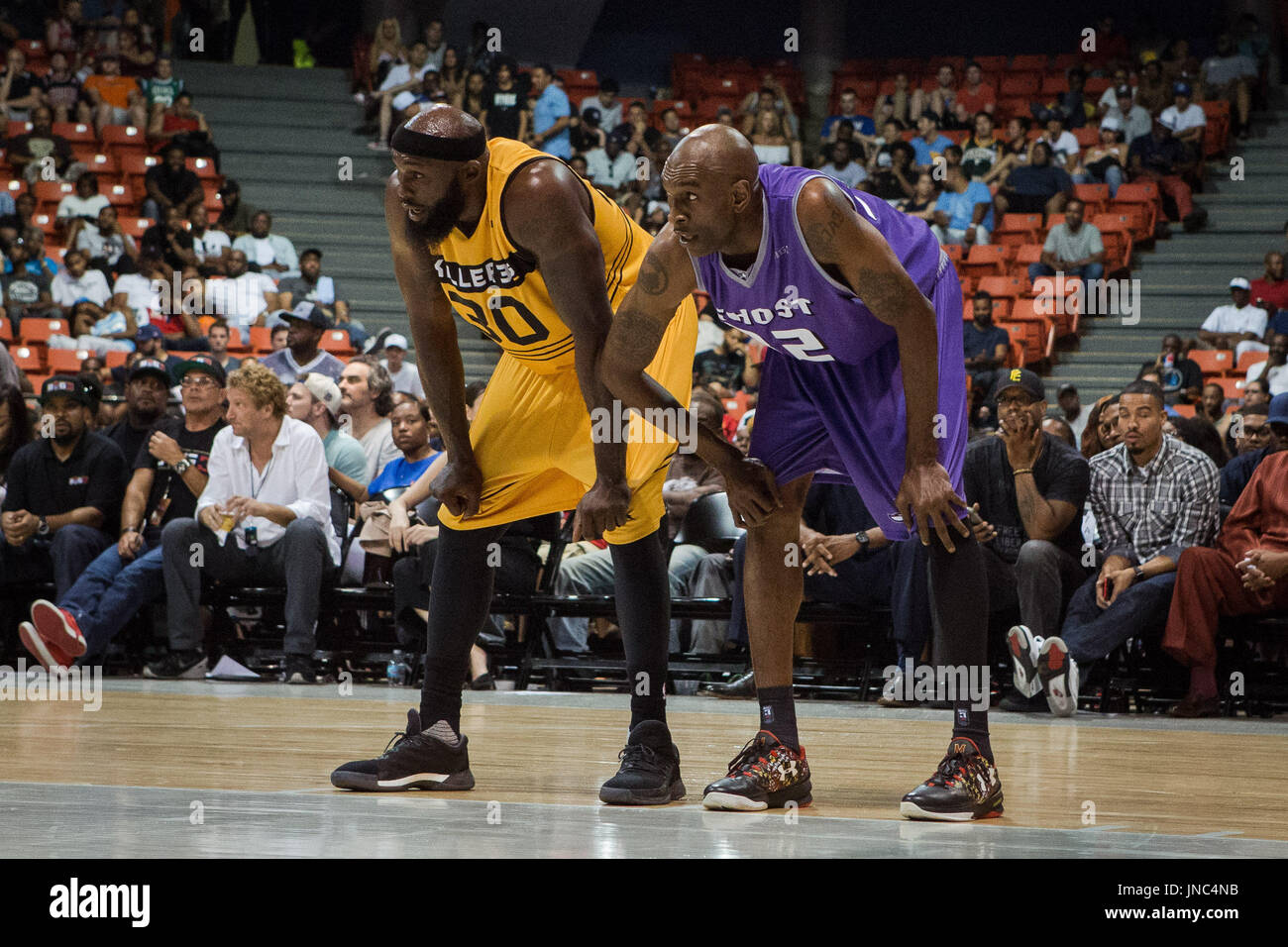 Reggie Evans #30 Killer 3s Joe Smith #32 Ghost Ballers both have their hands their knees waiting by free throw line during Game #4 Big3 Week 5 3-on-3 tournament UIC Pavilion July 23,2017 Chicago,Illinois. Stock Photo