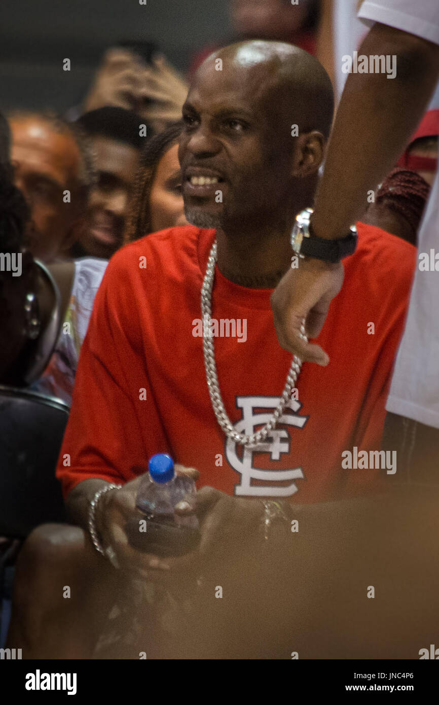 DMX sits courtside gets into Game #3 3's Company versus 3 Headed Monsters Big3 Week 5 3-on-3 tournament UIC Pavilion July 23,2017 Chicago,Illinois. Stock Photo