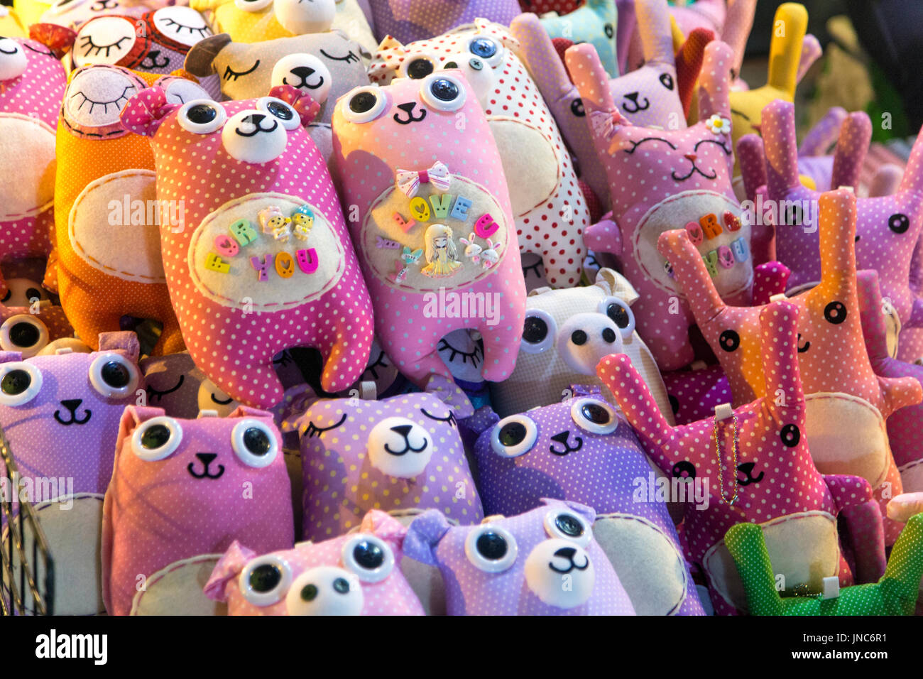 Cute stuffed toys at Palladium night market in Bangkok, Thailand Stock Photo