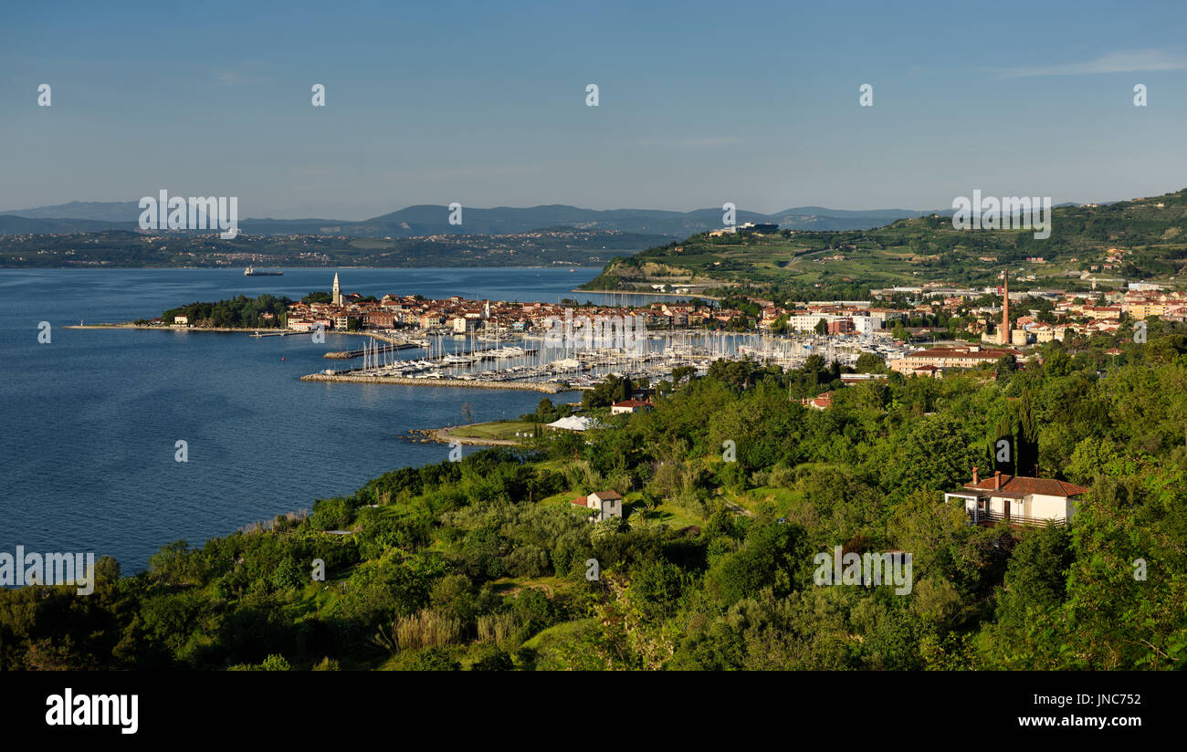 Overview of marina at old fishing town of Izola Slovenia on the Adriatic coast of the Istrian peninsula Stock Photo