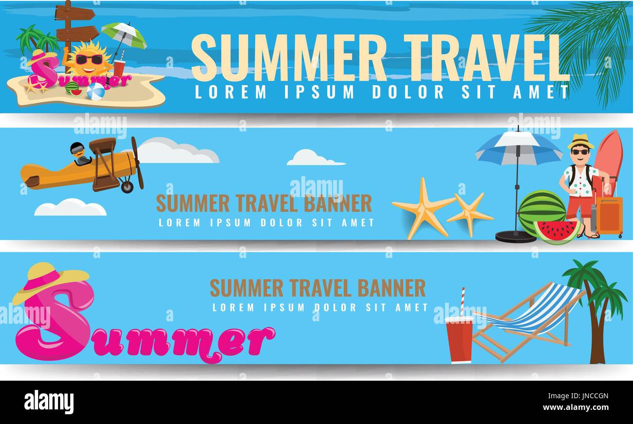 Set Of Vector Summer Travel Horizontal Banners With Beach Umbrellas Waves And Man With Surfing Board Stock Vector Image Art Alamy