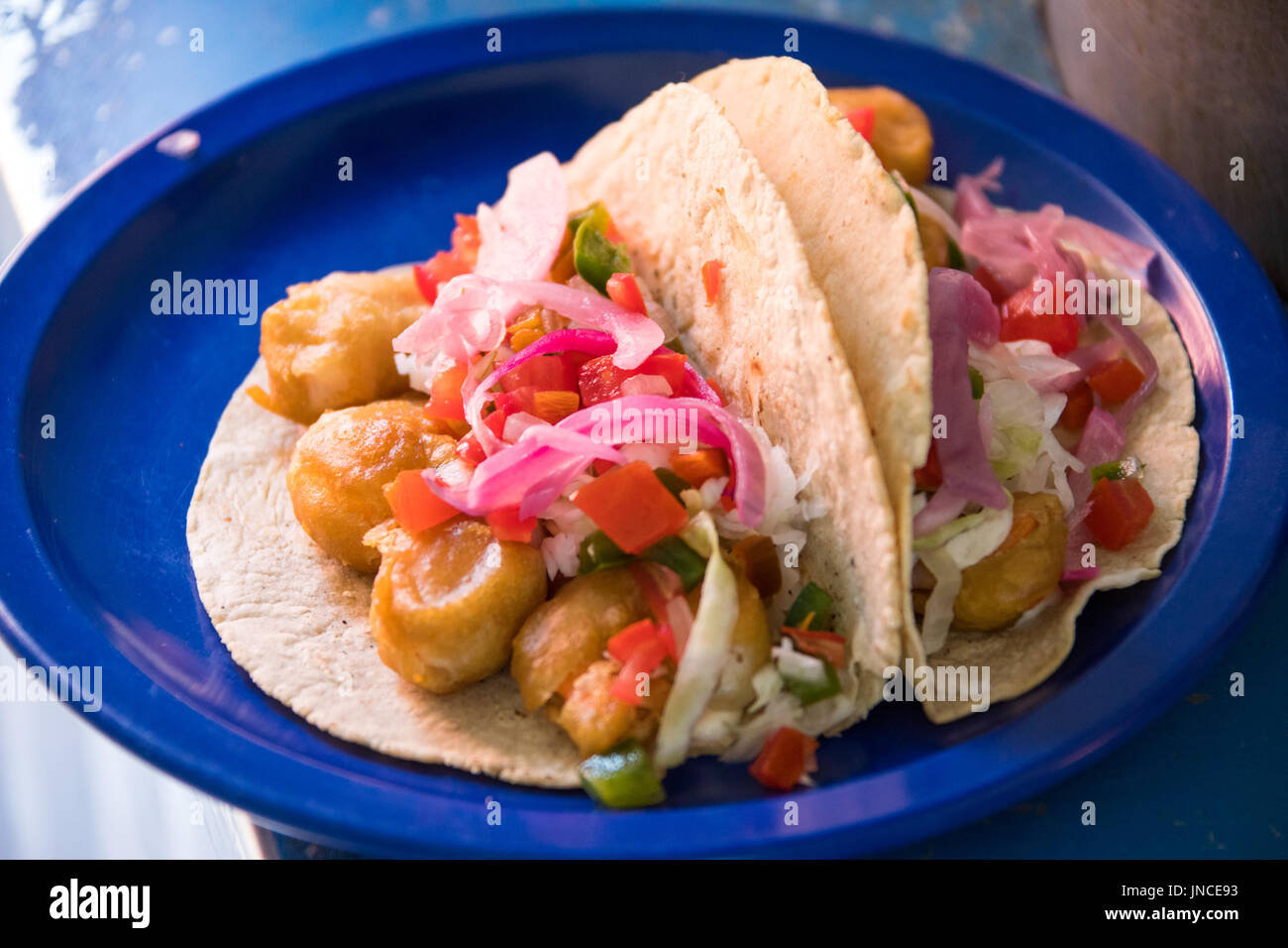 Shrimp tacos at Pez taquaria in Oaxaca, Mexico Stock Photo