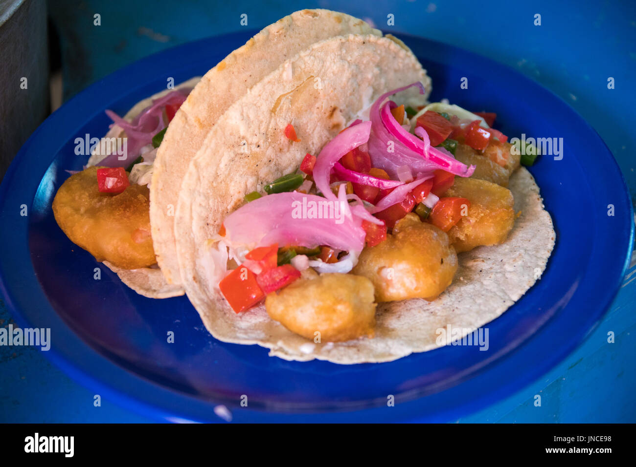 Shrimp tacos at Pez taquaria in Oaxaca, Mexico Stock Photo