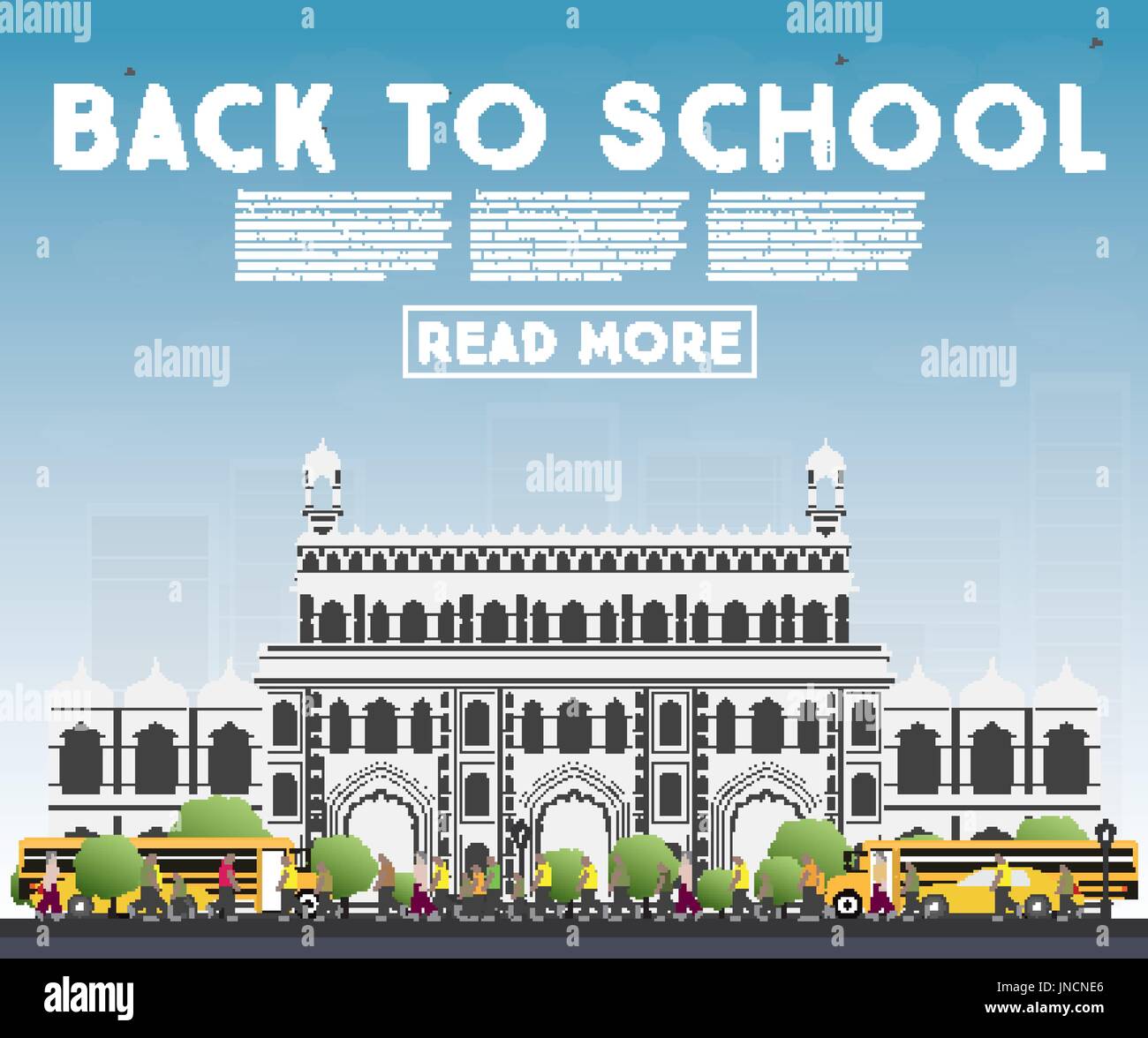 Back to School. Banner with School Bus, Building and Students. Vector Illustration. Stock Vector