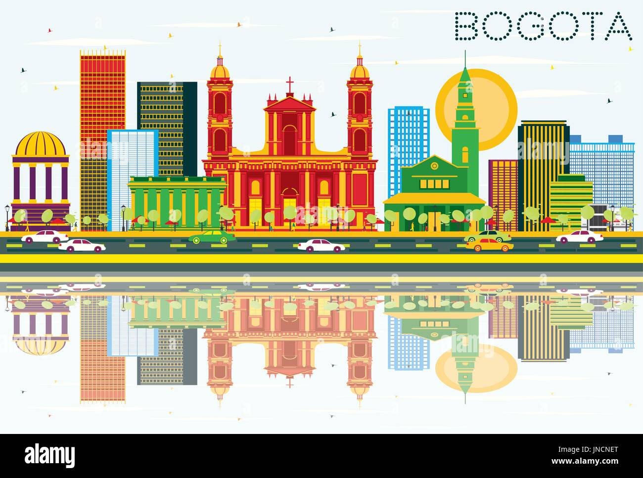 Bogota Colombia Skyline with Color Buildings, Blue Sky and Reflections. Vector Illustration. Business Travel and Tourism Stock Vector