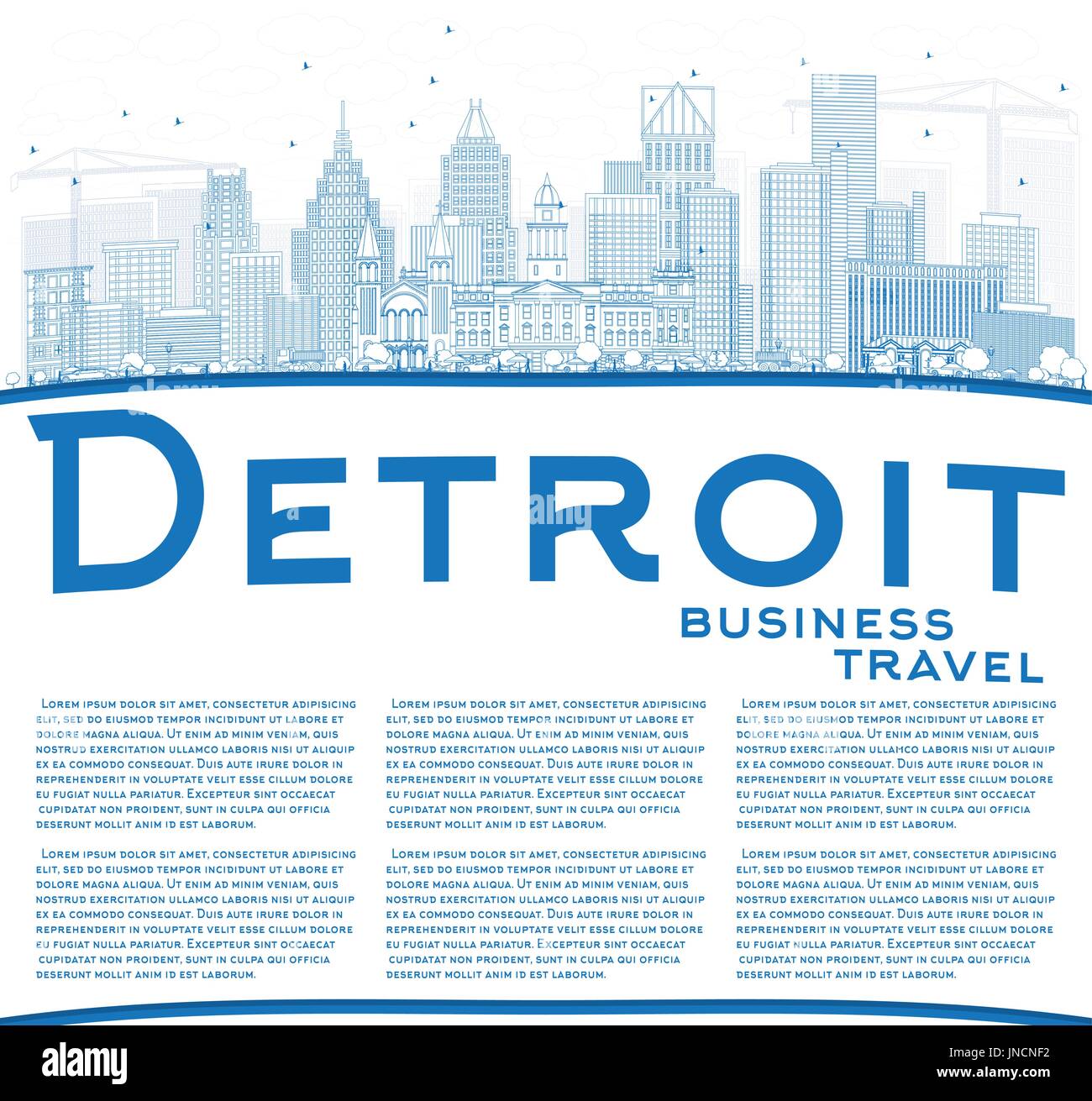 Outline Detroit Skyline with Blue Buildings and Copy Space. Vector Illustration. Business Travel and Tourism Concept with Modern Architecture. Stock Vector
