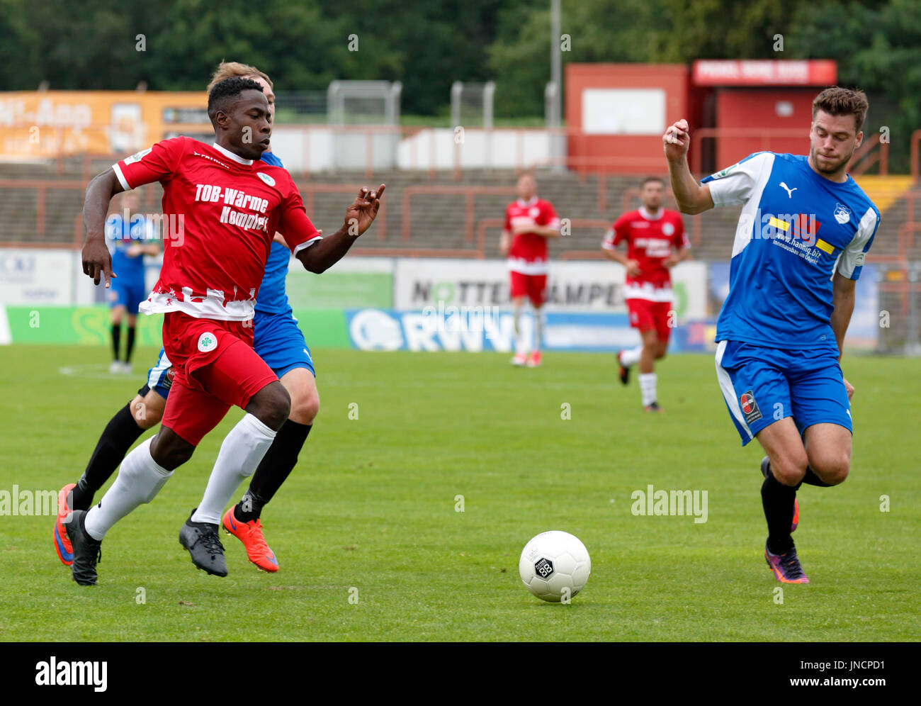 sports,football,Regional League West,2017/2018,Rot Weiss Oberhausen vs SV Westfalia Rhynern 2:1,Stadium Niederrhein in Oberhausen,scene of the match,Daniel Heber (RWO) left and Jan Kleine (Rhynern) Stock Photo