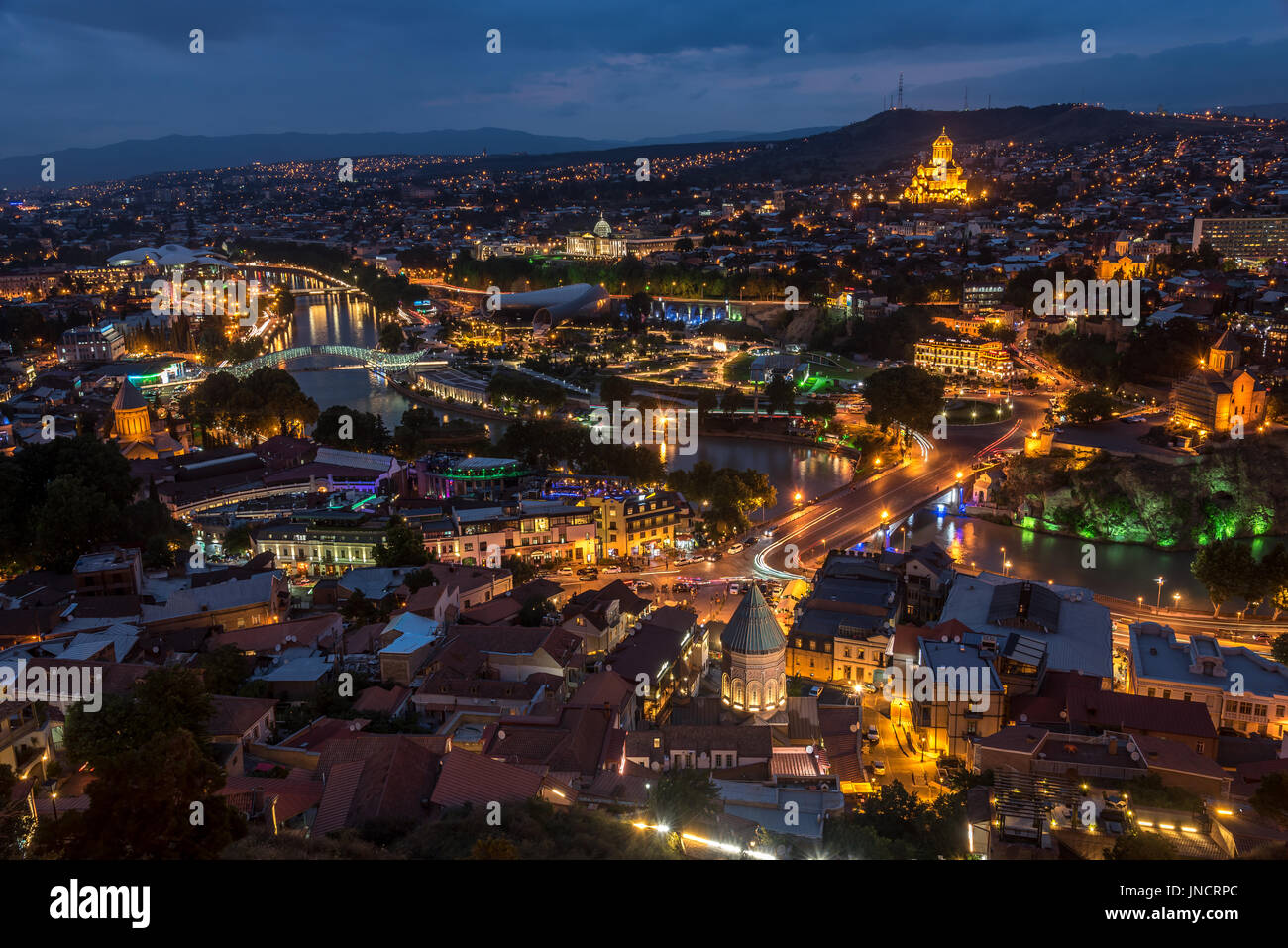 Night view of Tbilisi, the capital of Georgia with old town and modern architecture. Stock Photo