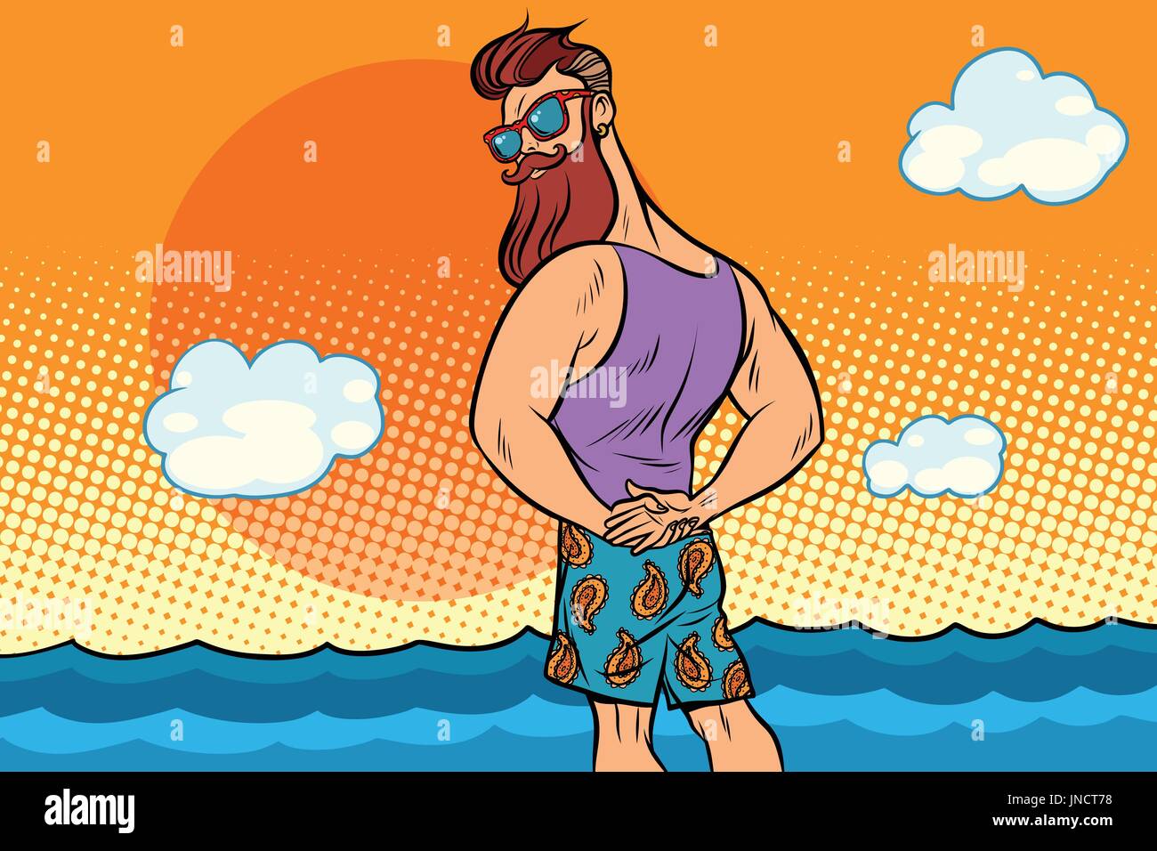 bearded hipster is resting on the sea. Comic book cartoon pop art retro color illustration drawing Stock Vector