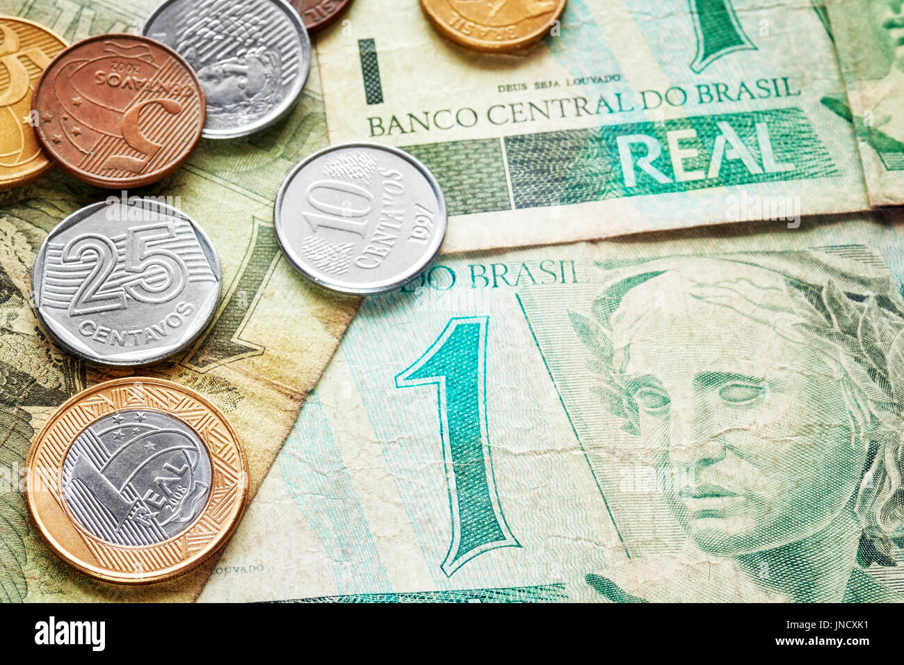 Close up picture of Brazilian real, shallow depth of field. Stock Photo