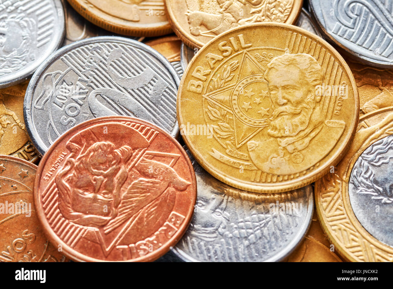 Close up picture of Brazilian real coins, shallow depth of field. Stock Photo