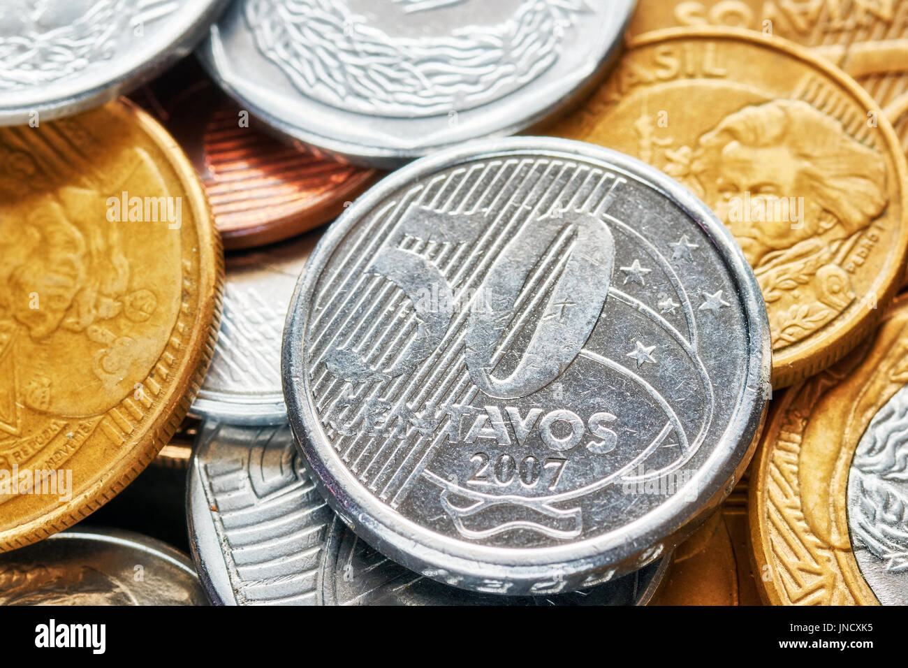 Close up picture of Brazilian real coins, shallow depth of field. Stock Photo