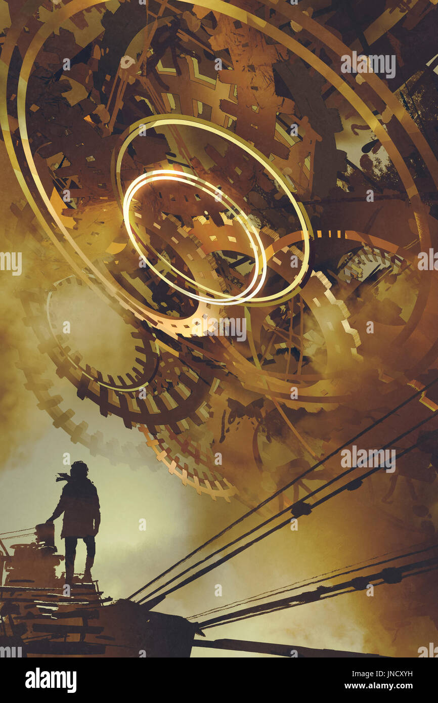 steampunk scenery of man standing against many big golden gears, digital art style, illustration painting Stock Photo