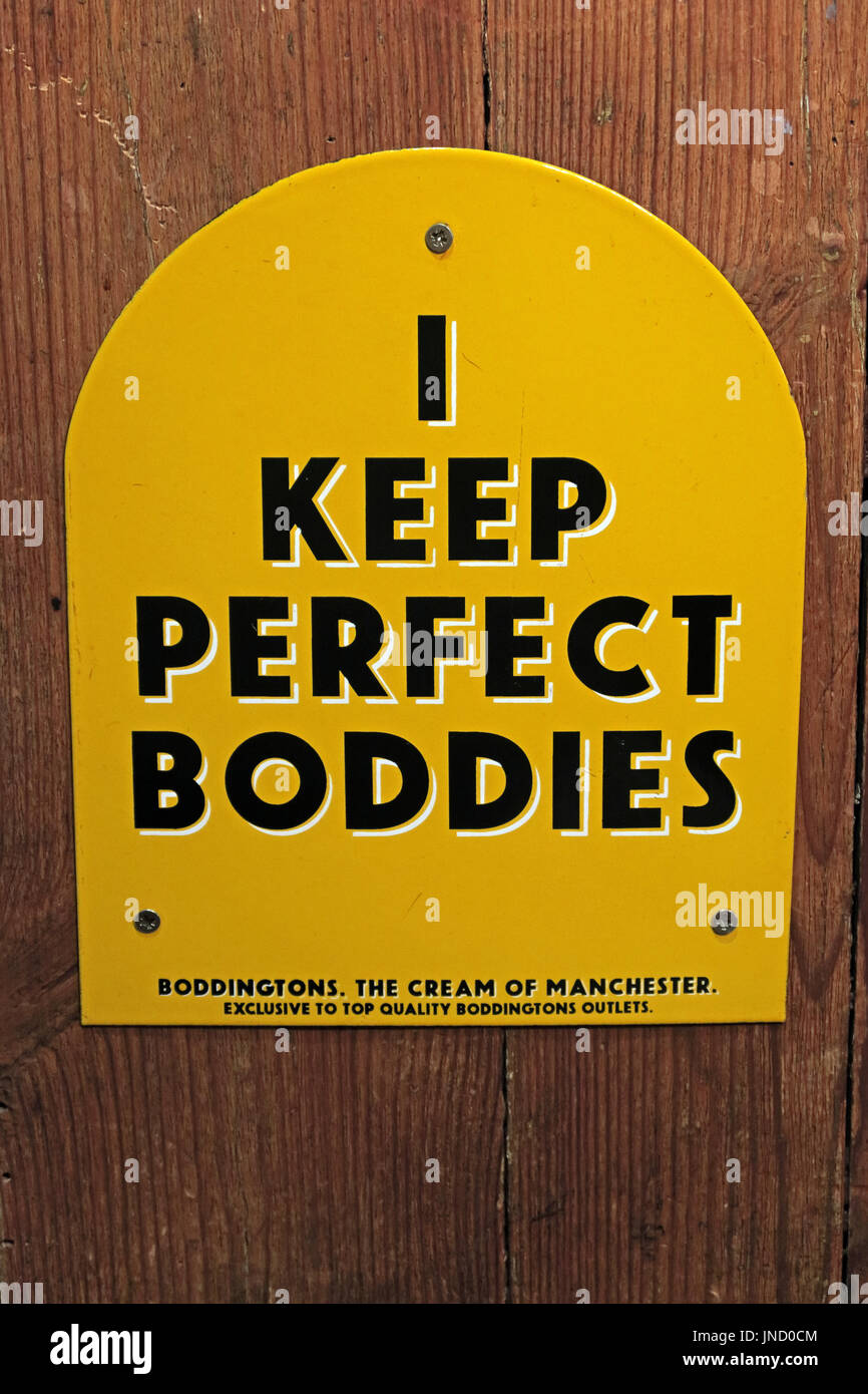 I keep perfect Boddies pub beer sign, Boddingtons Mancunian brewery, Strangeways, England, UK Stock Photo