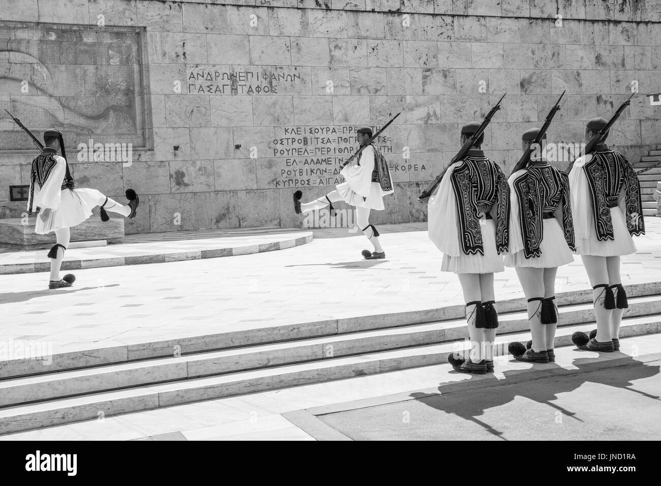 Athens, Greece, - April 05, 2015: A solemn military parade of soldiers  wearing traditional  uniforms going down the streets of Athens Stock Photo
