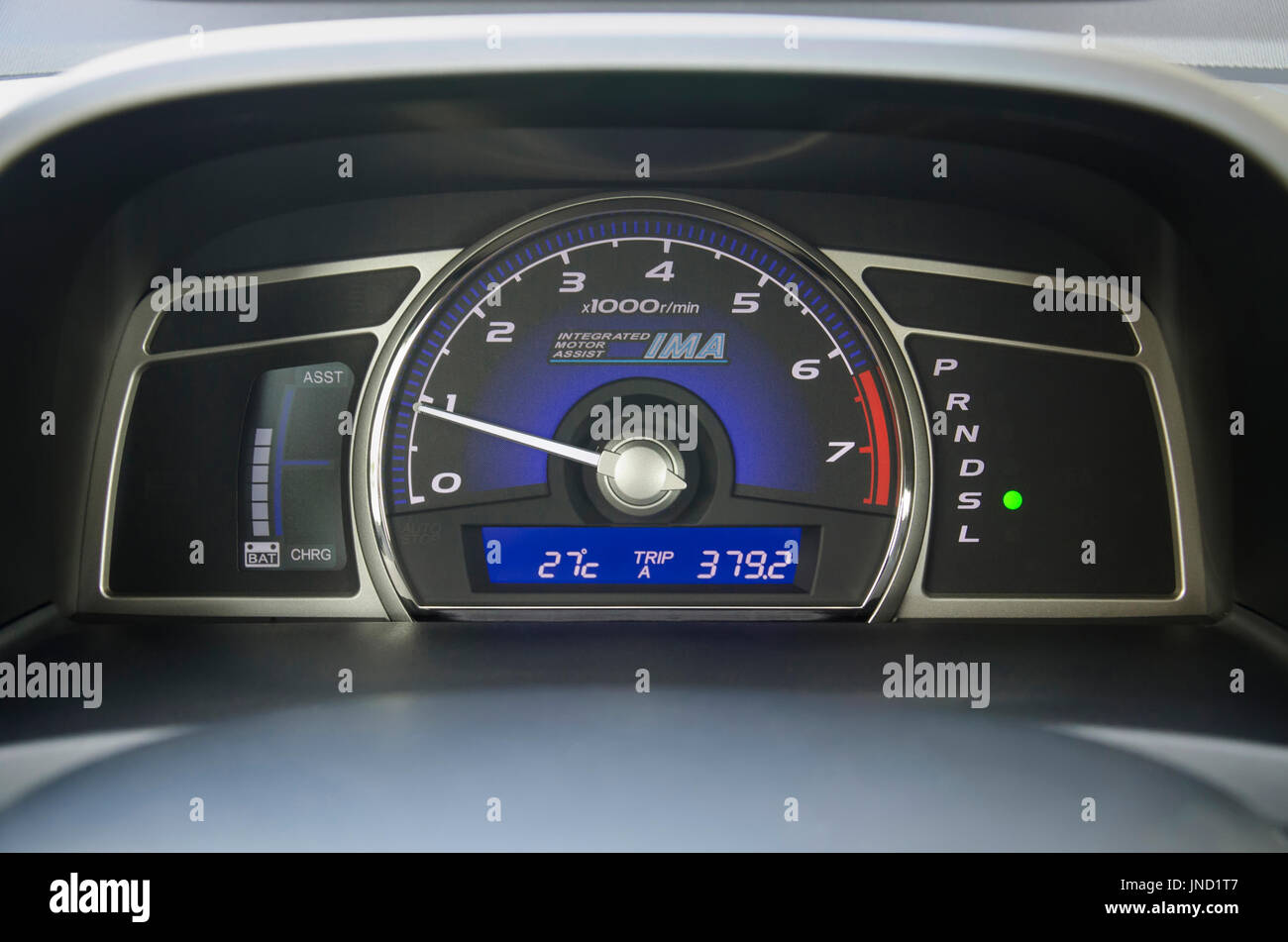 Warsaw, Poland - July 26, 2014: Dashboard of Honda Civic Hybrid car produced in 2009, equipped with Integrated Motor Assist system. IMA is Honda's hyb Stock Photo