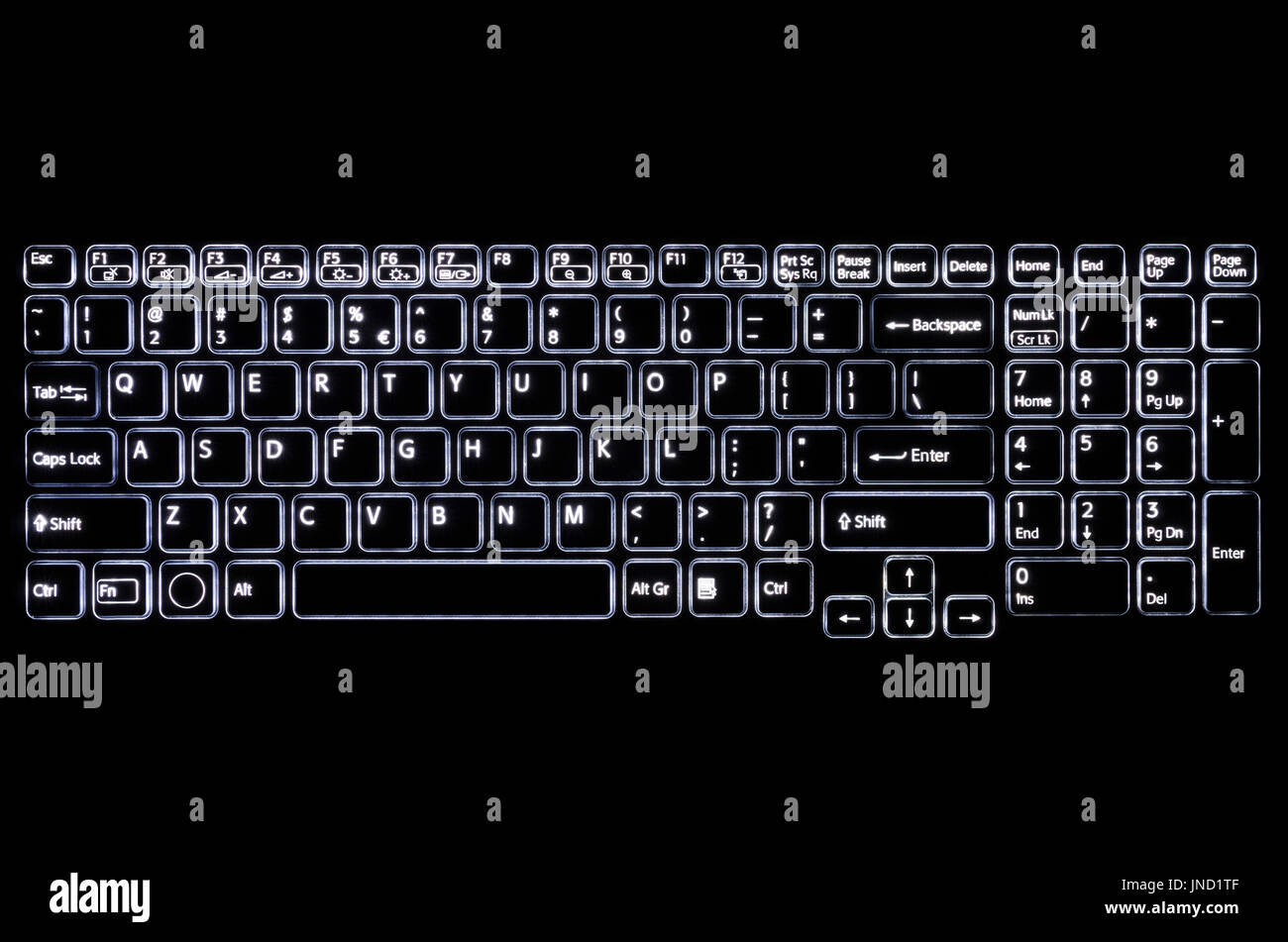 Top view on computer keyboard with highlighting; isolated on black  background Stock Photo - Alamy