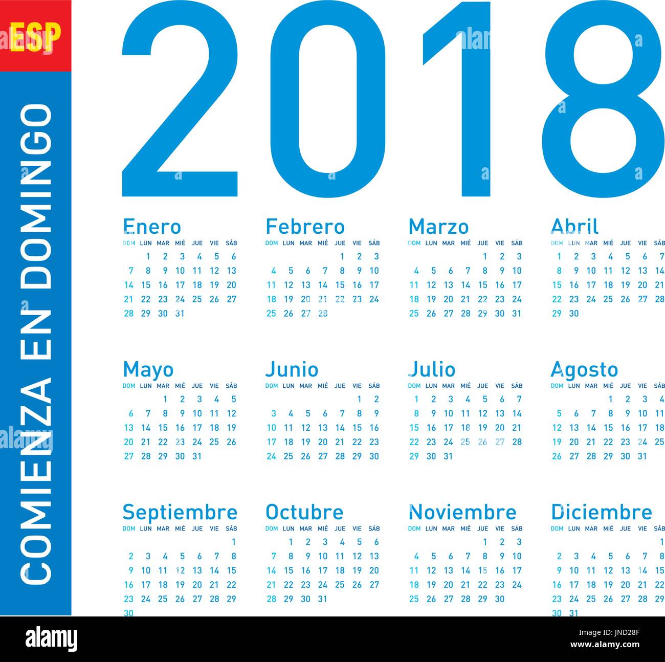 Simple Blue Calendar for year 2018, in vectors. In Spanish. Week starts on Sunday. Stock Vector