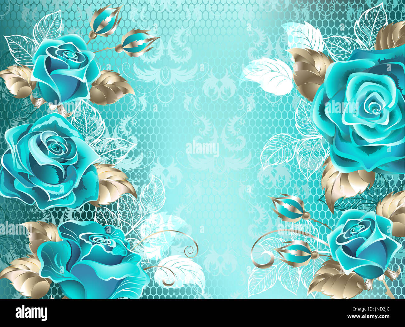 Turquoise lace background with turquoise roses, decorated with leaves of  white lace and white gold. Fashionable color. Turquoise roses. White gold.  Bl Stock Photo - Alamy