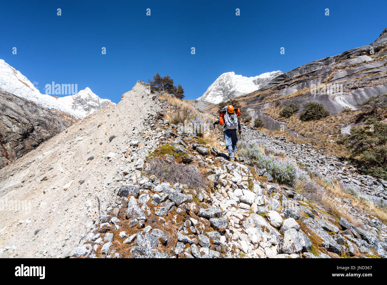 Heading up to Artesonraju's moraine/high camp, Santa Cuz valley, Cordillera Blanca, Peru Stock Photo