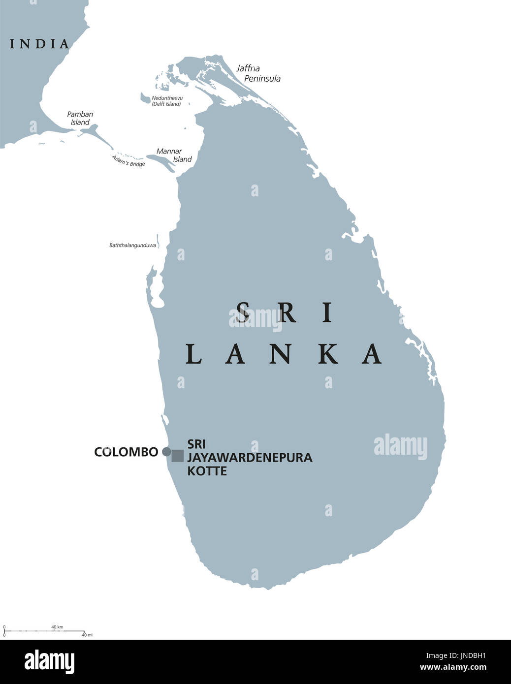 Sri Lanka political map with capitals Sri Jayawardenepura Kotte and Colombo. English labeling. Democratic Socialist Republic. Former Ceylon. Stock Photo