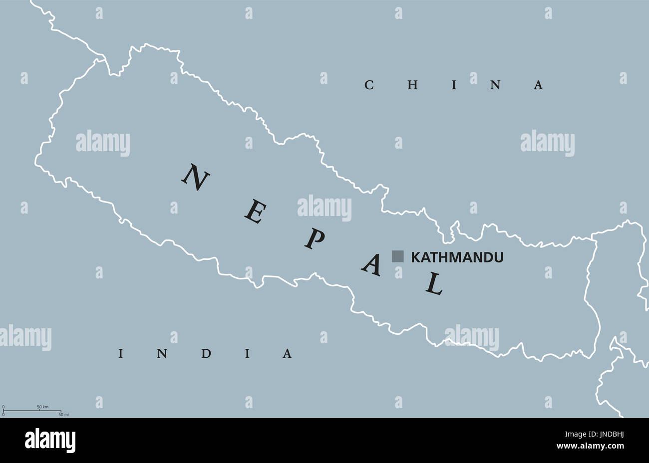 Nepal political map with capital Kathmandu. English labeling. Federal democratic republic and landlocked central Himalayan country in South Asia. Stock Photo