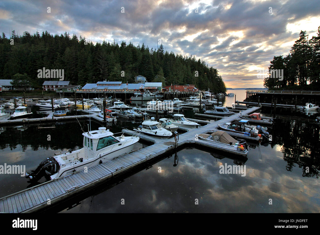 Boardwalk at Telegraph Cove harbor in Northern Vancouver Island, British Columbia Stock Photo