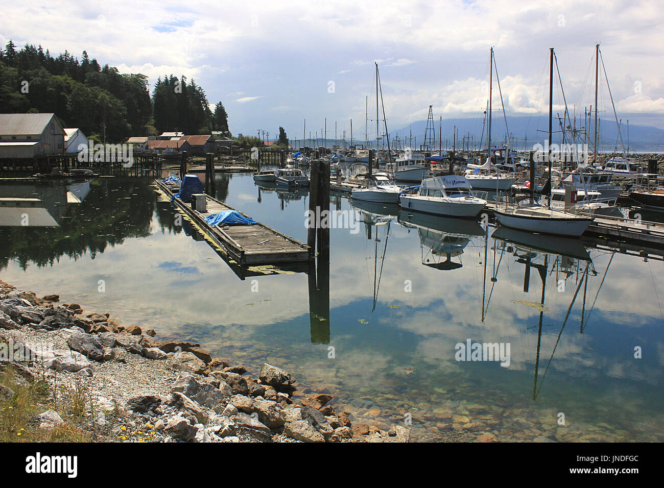 Boats in the harbor at Rough Bay in Sointula on Malcolm Island, British Columbia Stock Photo